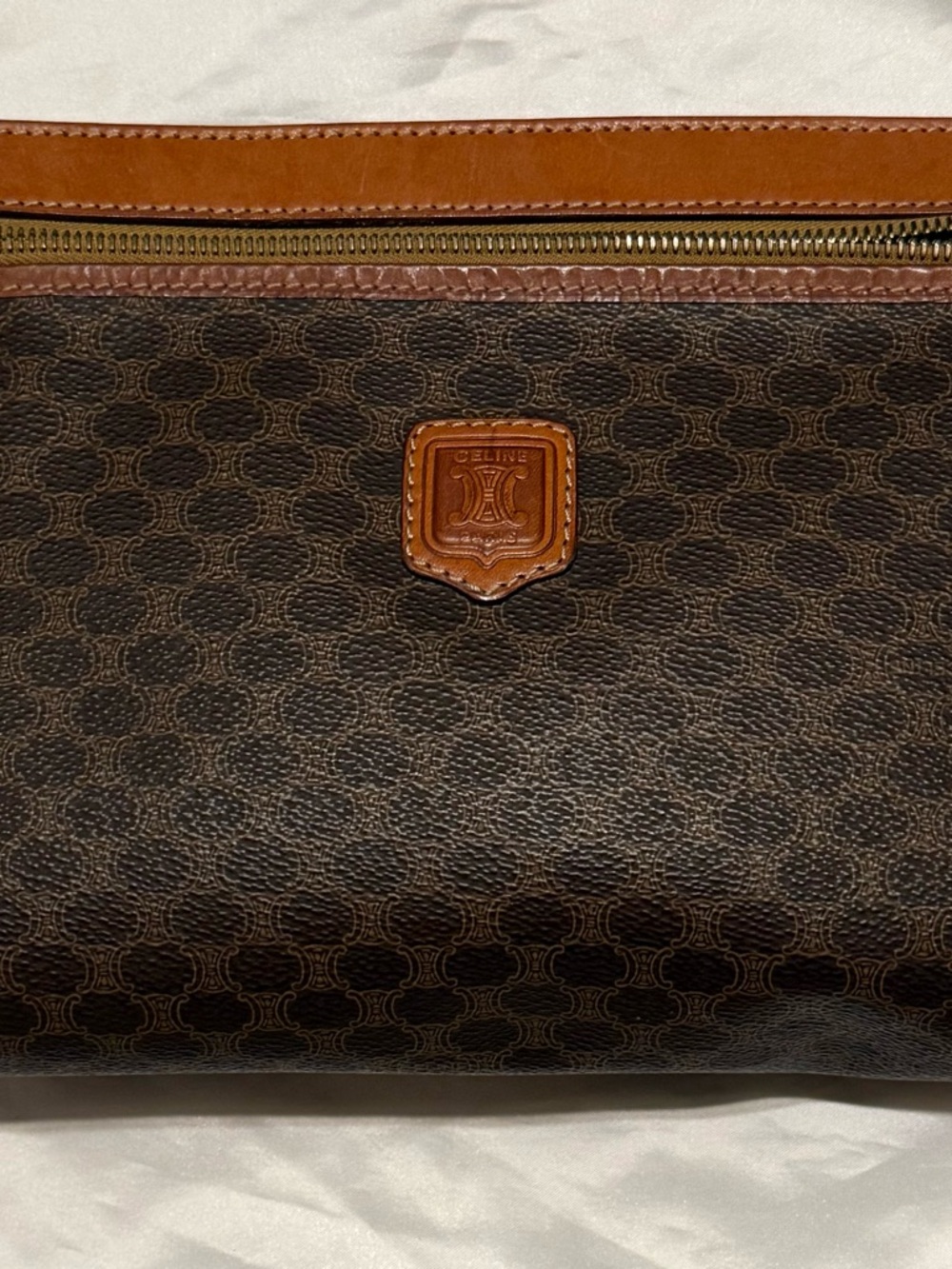 Celine Brown Monogram macadam Leather Clutch with Tan Trim Authentic